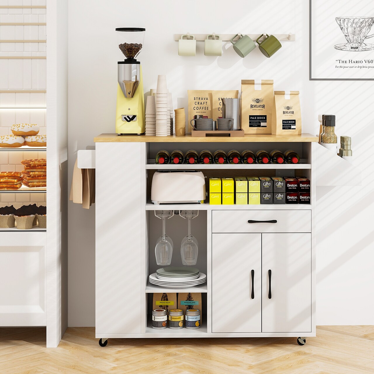 Rolling Kitchen Island Cart Wine Rack with Power Outlet, Drop Leaf Drawer and Storage Shelves